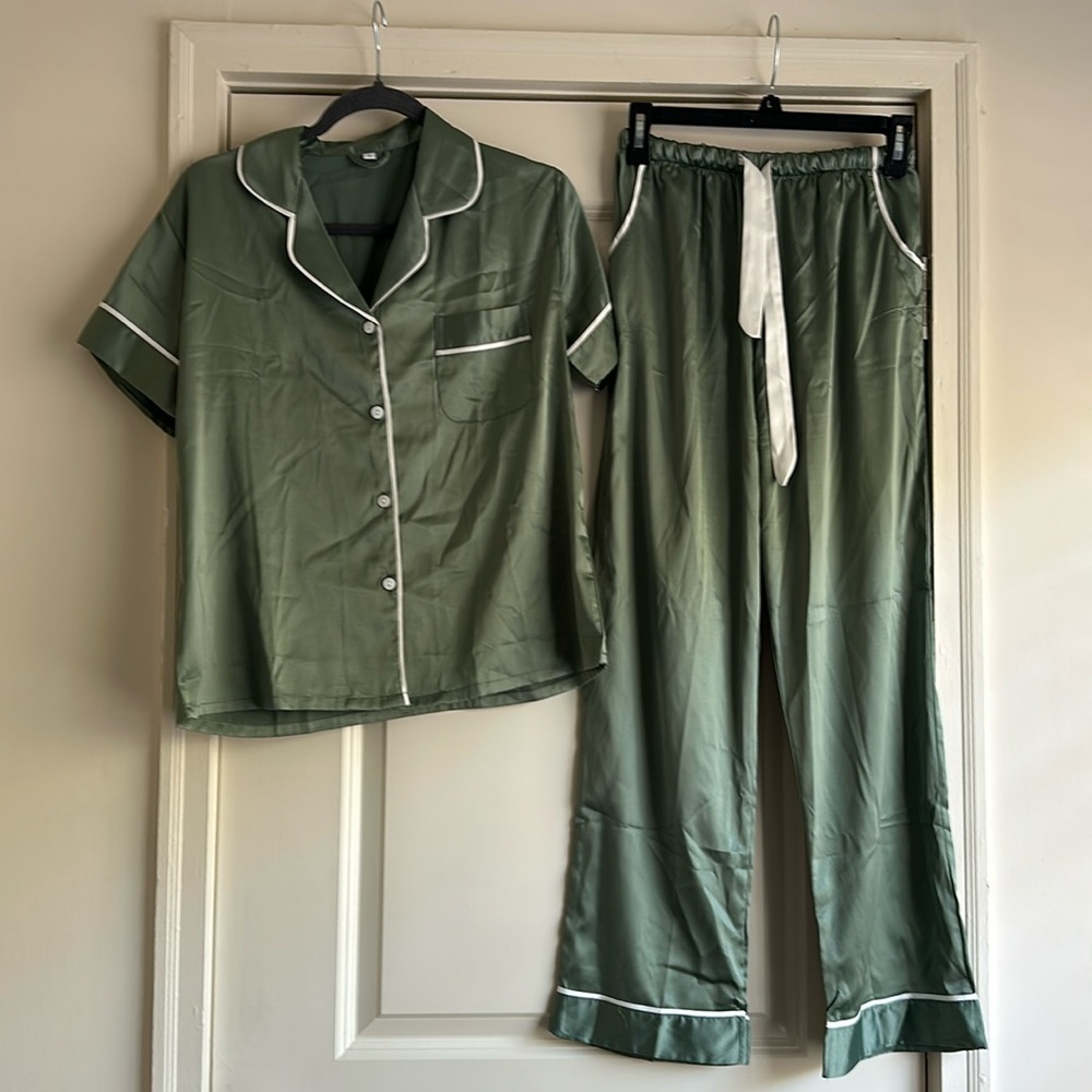 Green Satin Pajama Pants Set